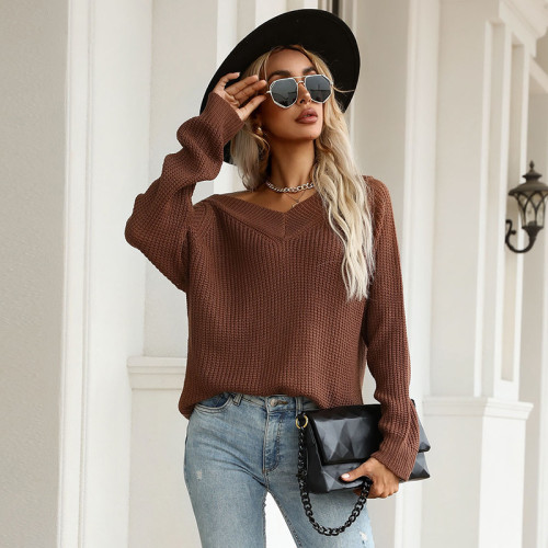 Fashion Long Sleeve Solid V-Neck Loose Sweaters & Cardigans