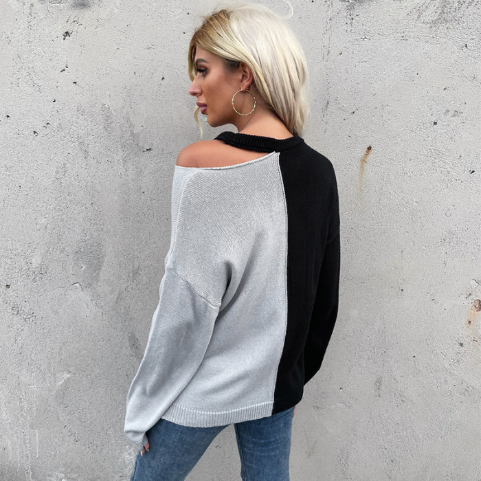 Fashion Casual Long Sleeve Colorblock Cutout Crewneck Pullover Sweaters & Cardigans