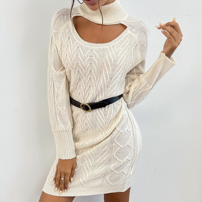 Fashion Short Solid Color Twist Long Sleeve Crew Neck Sweater Dresses