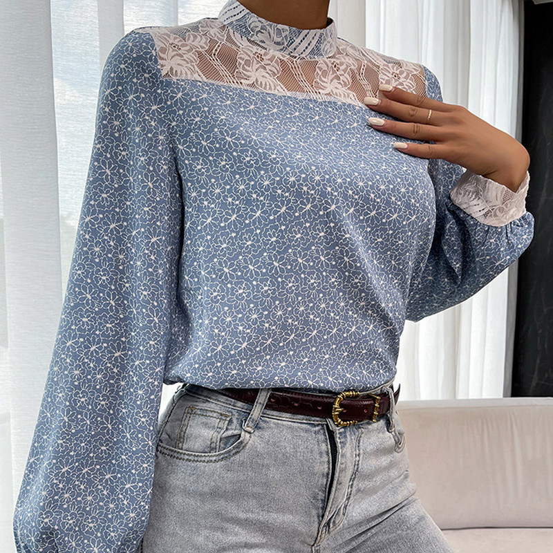 High Neck Long Sleeve Printed Lace Pullover Blouses & Shirts