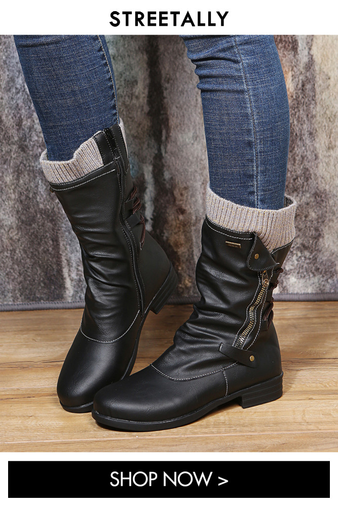 Solid Color Flat Round Toe Patent Leather Fashion Boots