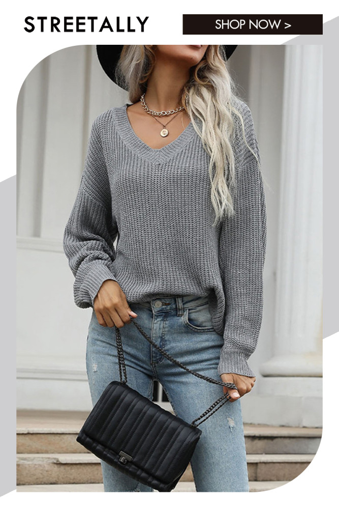 Trendy V-Neck Long Sleeve Grey Loose Sweaters & Cardigans