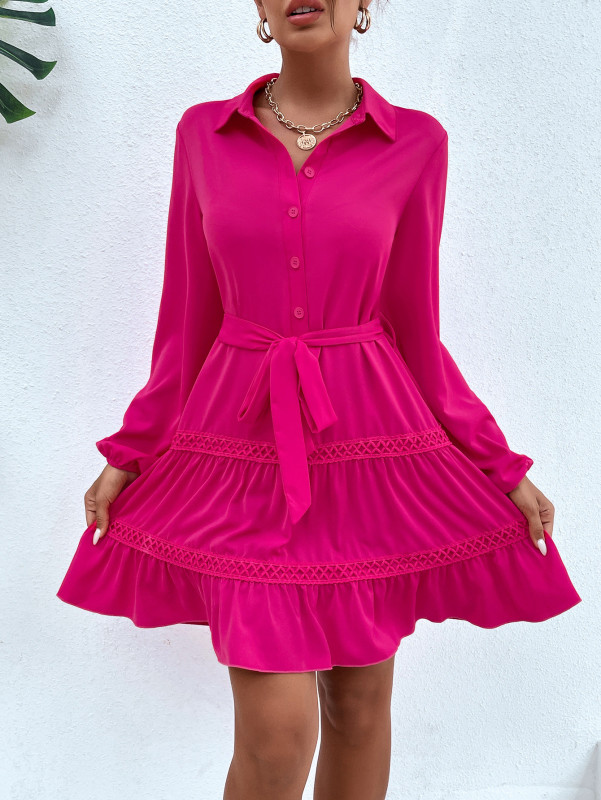 Solid Color Lace-Up Neck Long Sleeves Fashion Mini Dresses
