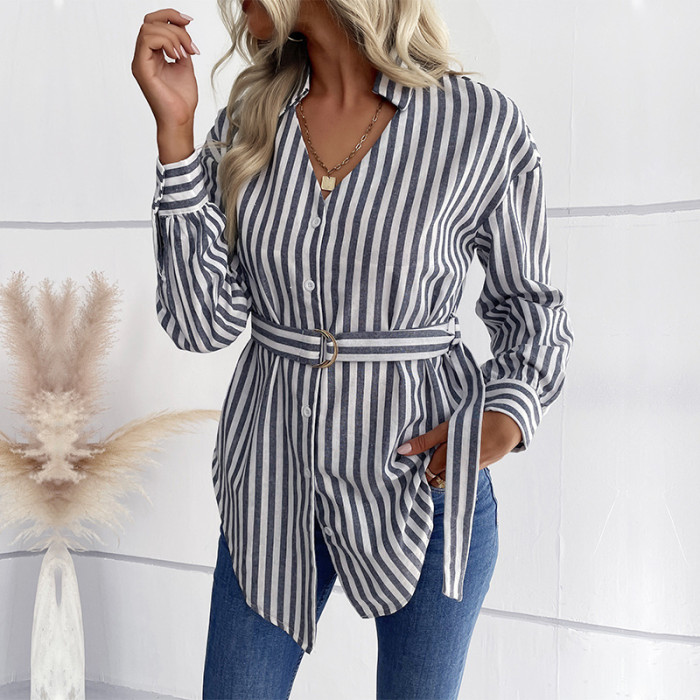 Casual Long Sleeve V-Neck Tie Stripe Blouses & Shirts
