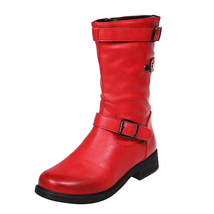 Solid Color Belt Buckle Large Size Round Toe Fashion Boots