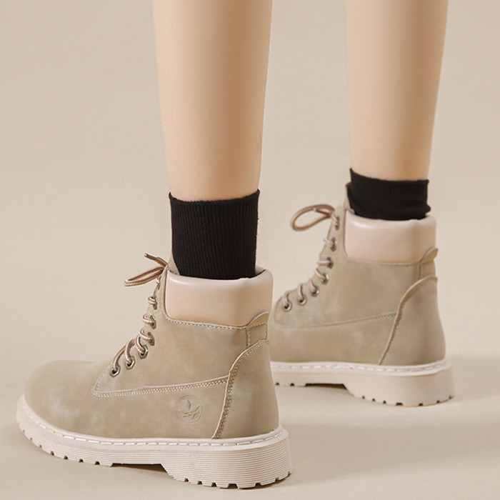 Lace Up Fashion Mid Tube Solid Color Fashion Boots