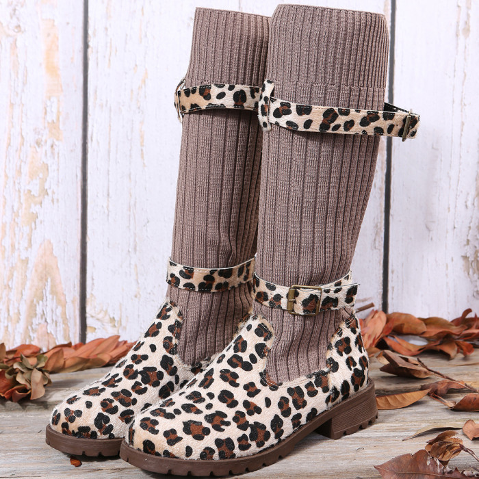 Fashion Plus Size Leopard Print Yarn Tall Roman Flat Boots