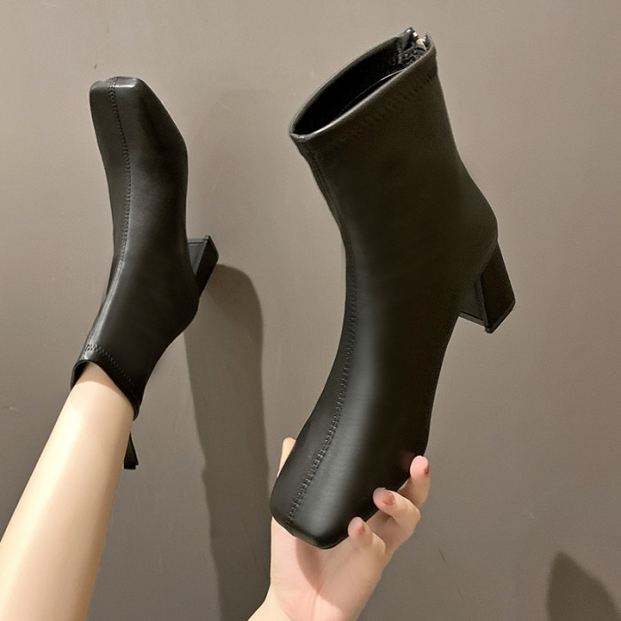 Plus Size Fashion Leather Solid Color Square Toe Boots