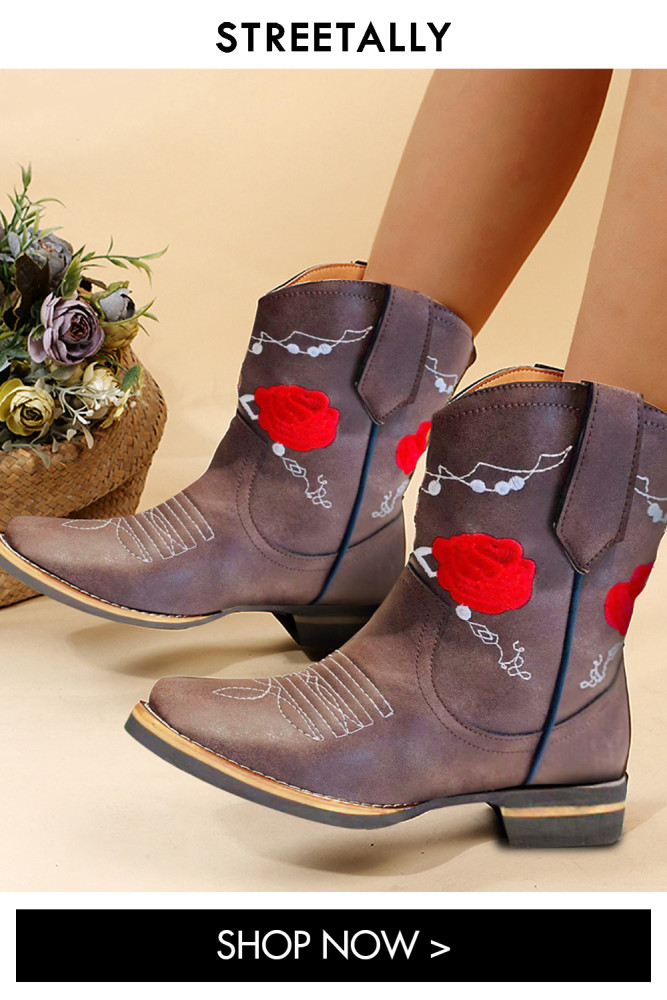 Square Toe Embroidered Floral Leather Square Heel Boots
