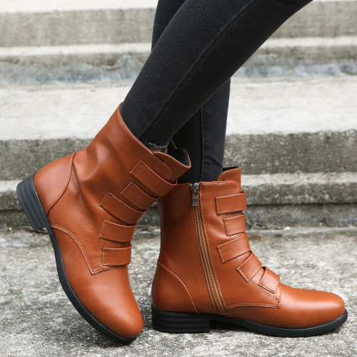 Solid Color Medium Tube Round Toe Flat Leather Boots