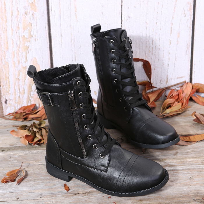 Lace Up Round Toe Casual Chunky Heel Solid Martin Boots