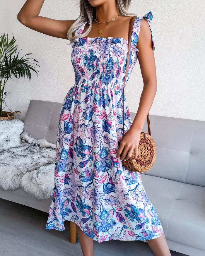 Sleeveless Lace-Up Printed Vacation Waist Midi Dresses