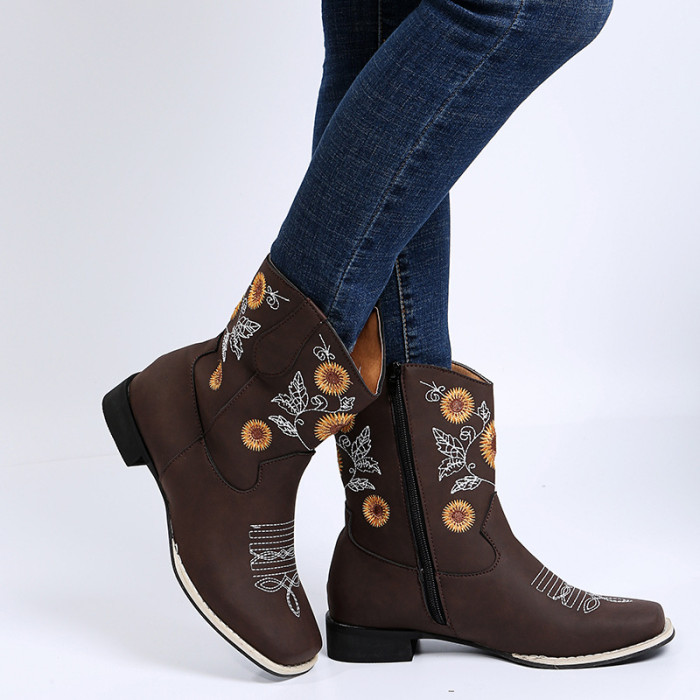 Plus Size Sunflower Square Embroidered Medium Boots