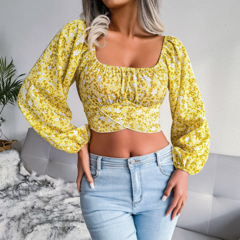 Balloon Sleeve Bow Floral Chiffon Crop Blouses & Shirts