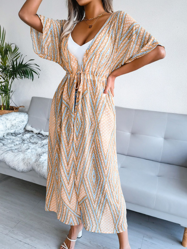 Casual Lace Up Print Chiffon Sunscreen Resort Style Beach Cover Ups