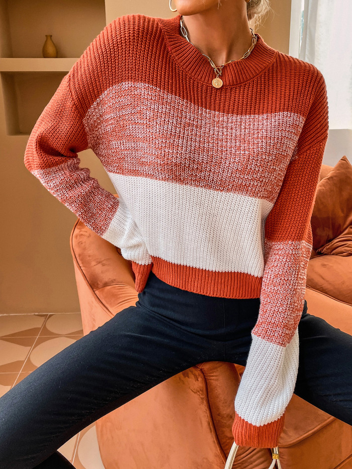 Stylish Colorblock Contrast Pullover Crew Neck Casual Sweaters & Cardigans