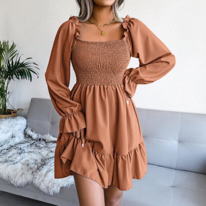Square Neck Flared Long Sleeves Ruffled Swing Solid Casual Dresses