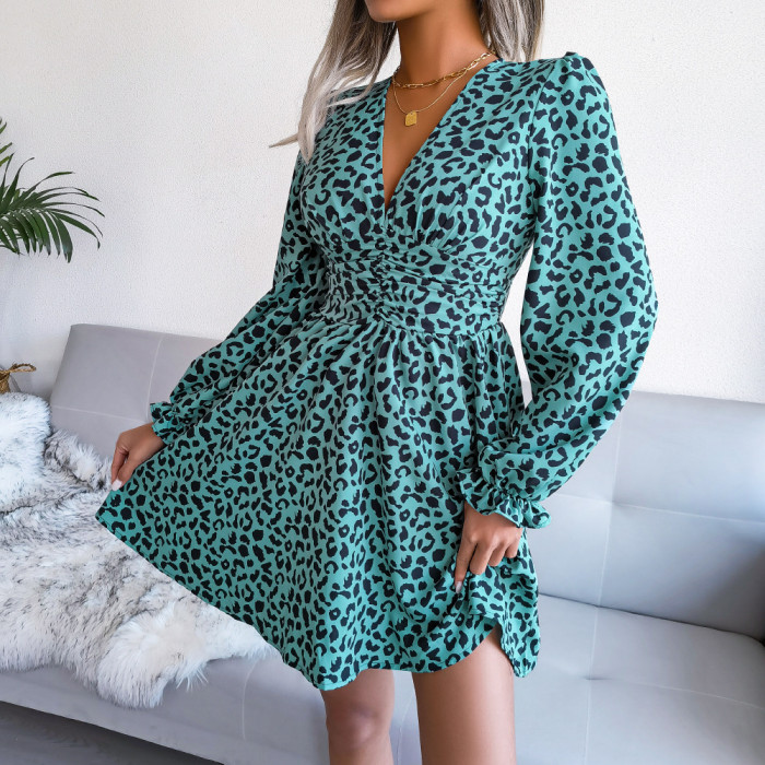 Sexy Leopard Print Neck Waist Pleated V-Neck Long Sleeves Casual Dresses