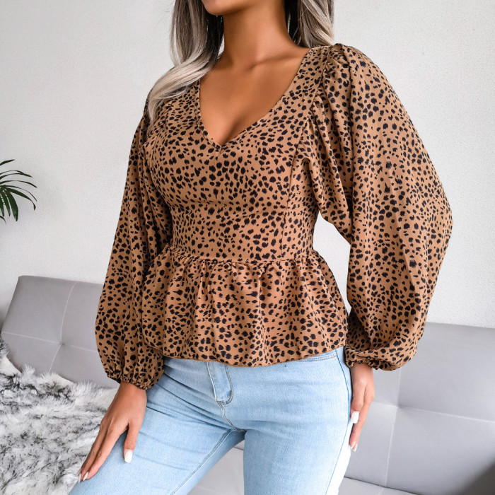 Lantern Long Sleeve Casual Leopard Chiffon Blouses & Shirts