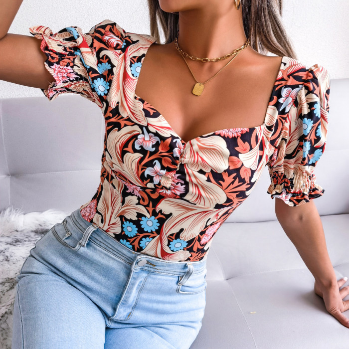 Sexy Square Neck Floral Chiffon Puff Sleeves Blouses & Shirts
