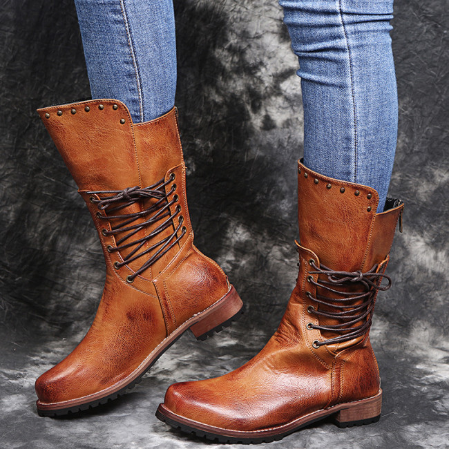 Large Size Rubbed Medium Tube Leather Strap Boots