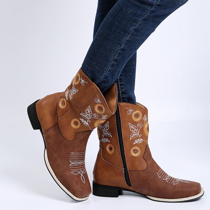 Plus Size Sunflower Square Embroidered Medium Boots