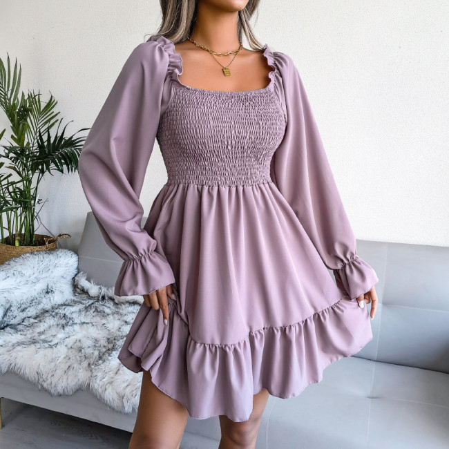 Square Neck Flared Long Sleeves Ruffled Swing Solid Casual Dresses