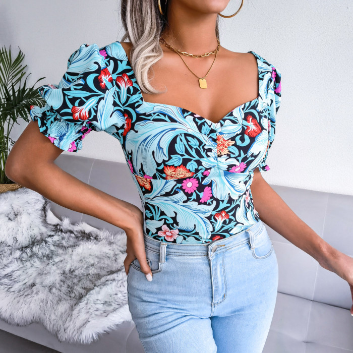 Sexy Square Neck Floral Chiffon Puff Sleeves Blouses & Shirts