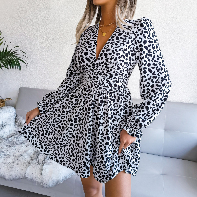 Sexy Leopard Print Neck Waist Pleated V-Neck Long Sleeves Casual Dresses