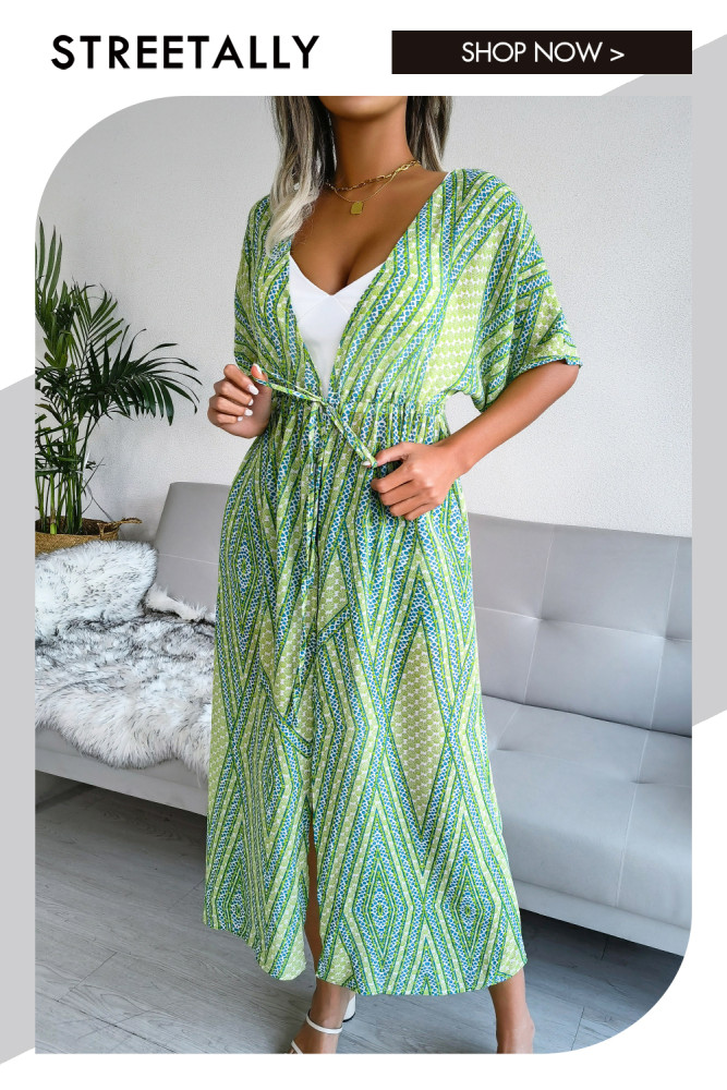 Casual Lace Up Print Chiffon Sunscreen Resort Style Beach Cover Ups