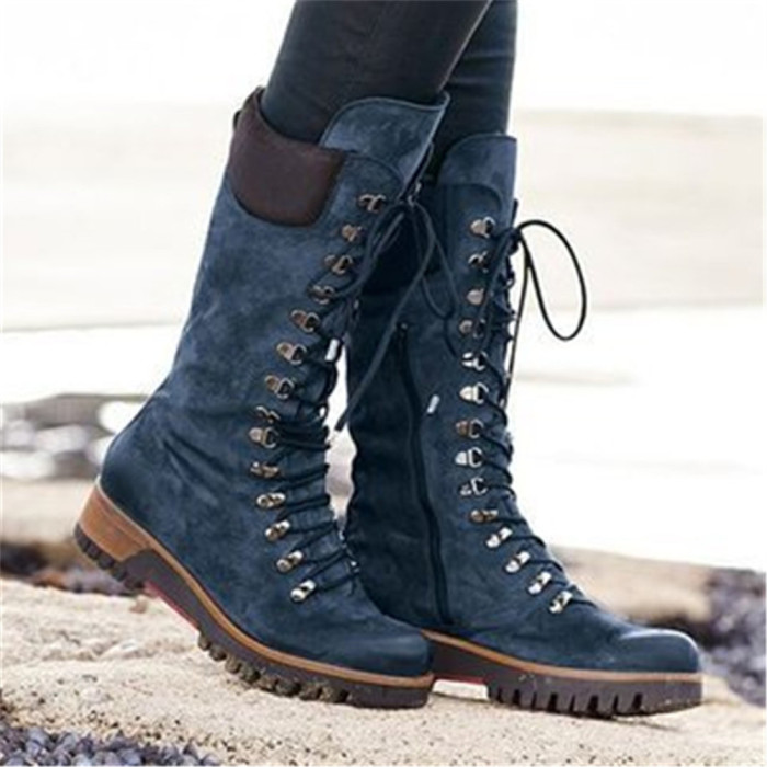 Lace-up Solid Large Size Flat Suede Tall Boots