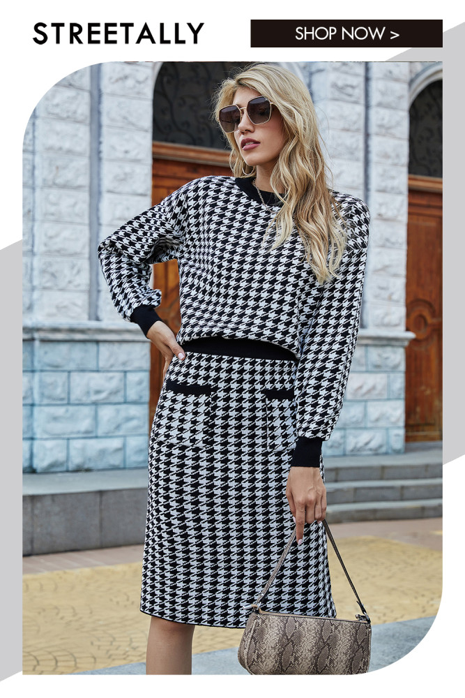 Elegant Houndstooth Sweater Top Skirt Two-piece Outfits