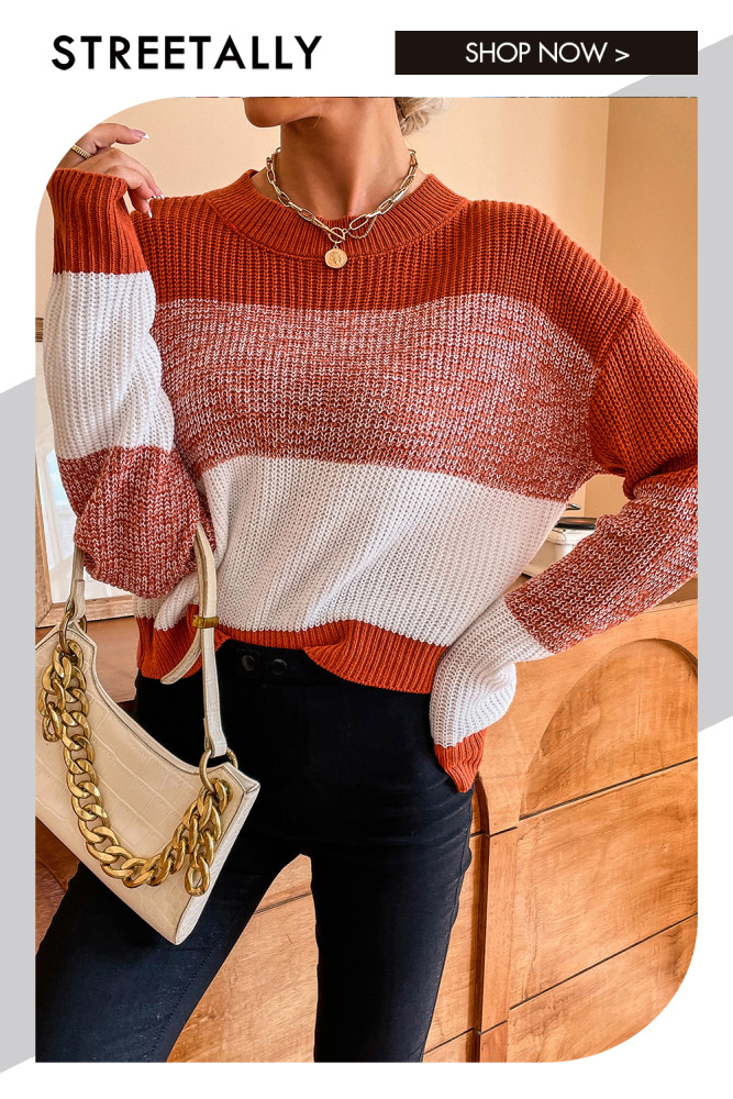 Stylish Colorblock Contrast Pullover Crew Neck Casual Sweaters & Cardigans