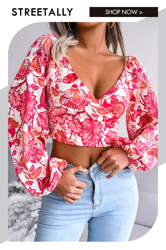 V-Neck Lantern Long Sleeve Floral Chiffon Crop Navel Blouses & Shirts