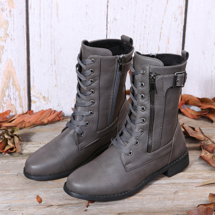 Lace Up Round Toe Casual Chunky Heel Solid Martin Boots