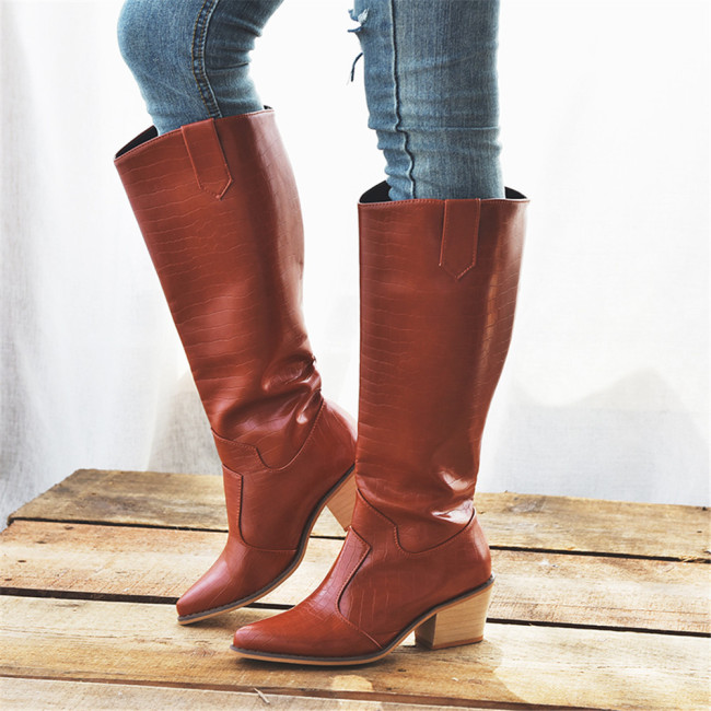 Pointed Long Tube Leather Surface Solid Color Boots
