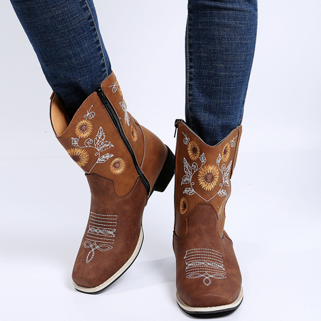 Plus Size Sunflower Square Embroidered Medium Boots