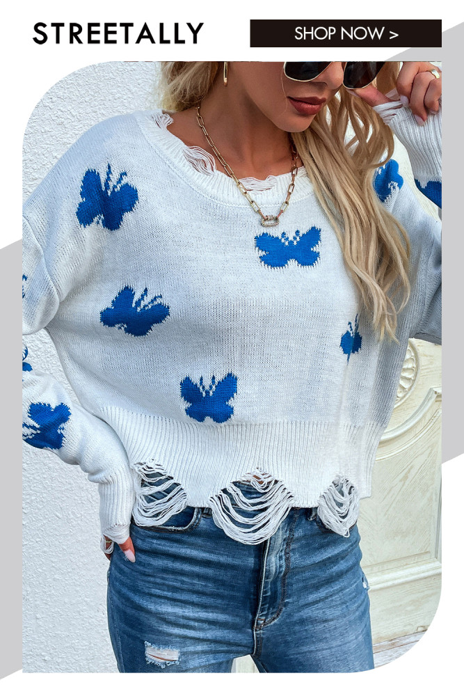 White Butterfly Shredded Pullover Casual Sweaters & Cardigans