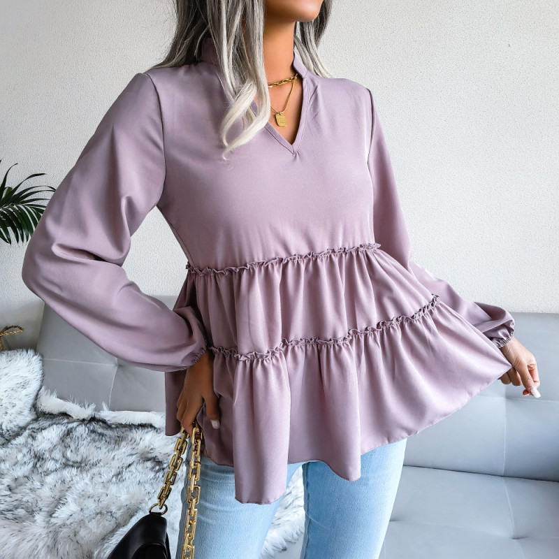 Lantern Long Sleeve Casual Loose Ruffle Swing Chiffon Blouses & Shirts