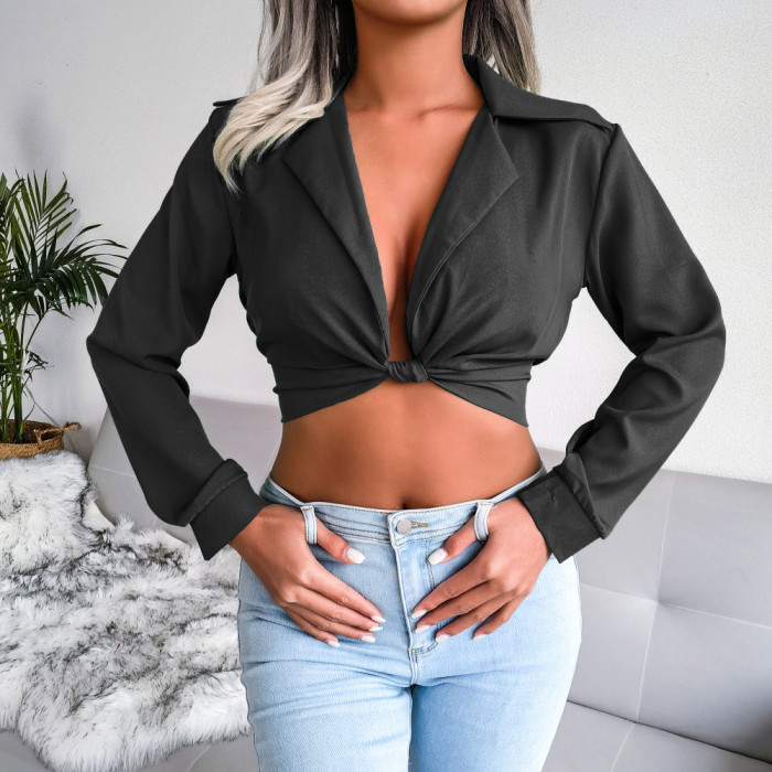 Suit Collar Knotted Shirt Crop Navel Solid Blouses & Shirts