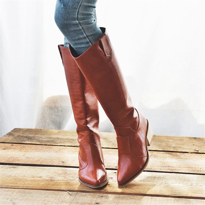 Pointed Long Tube Leather Surface Solid Color Boots