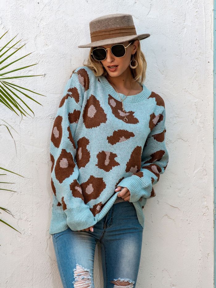 Leopard Print Crew Neck Loose Pullover Fashion Sweaters & Cardigans