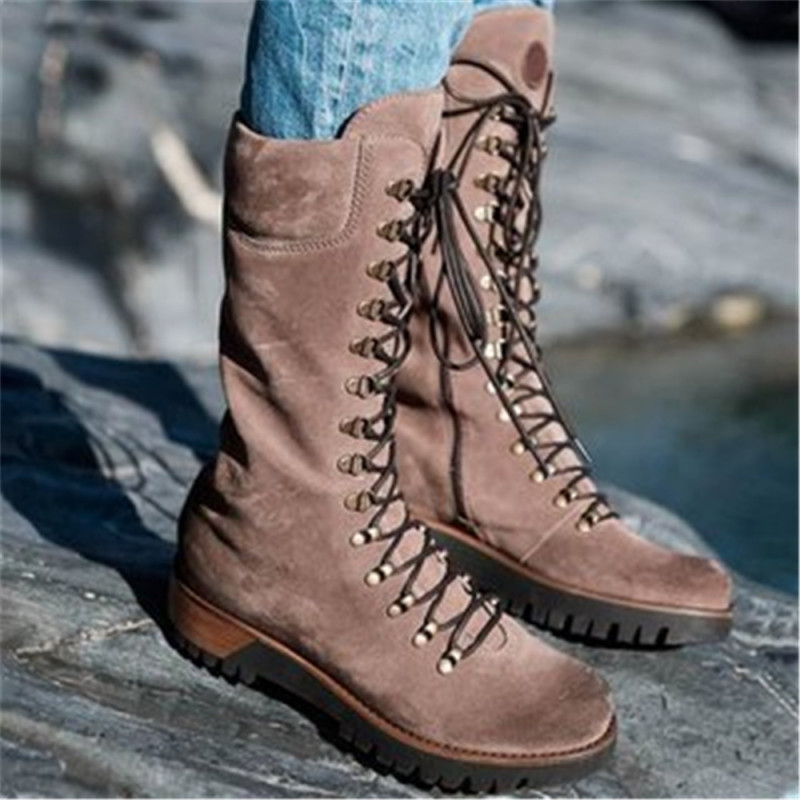 Lace-up Solid Large Size Flat Suede Tall Boots