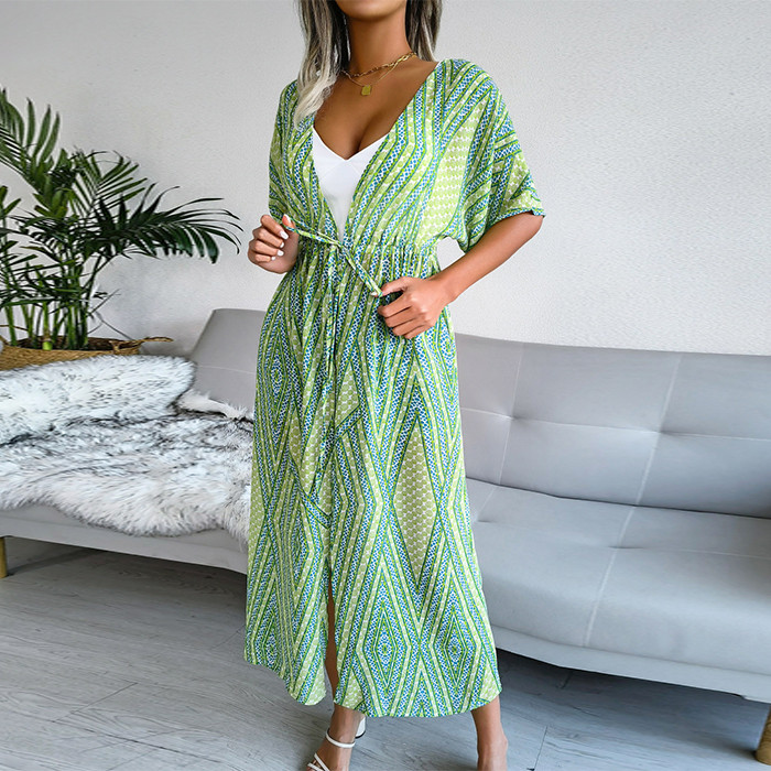 Casual Lace Up Print Chiffon Sunscreen Resort Style Beach Cover Ups