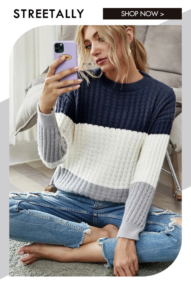Contrast Loose Pullover Crewneck Casual Sweaters & Cardigans