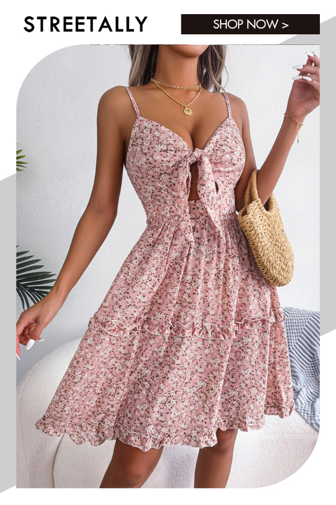 Floral Bow V-Neck Fungus Side Sling Casual Dresses