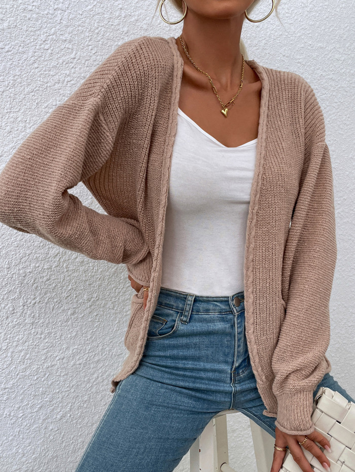 Elegant Wave Pocket Hemp Pattern Solid Sweaters & Cardigans