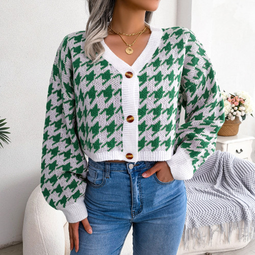 Casual Lantern Long Sleeve Houndstooth Cardigan Sweaters & Cardigans