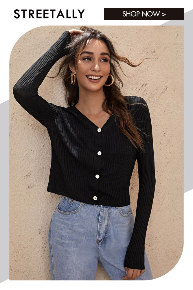 Simple Single Breasted Black V-Neck Sweaters & Cardigans