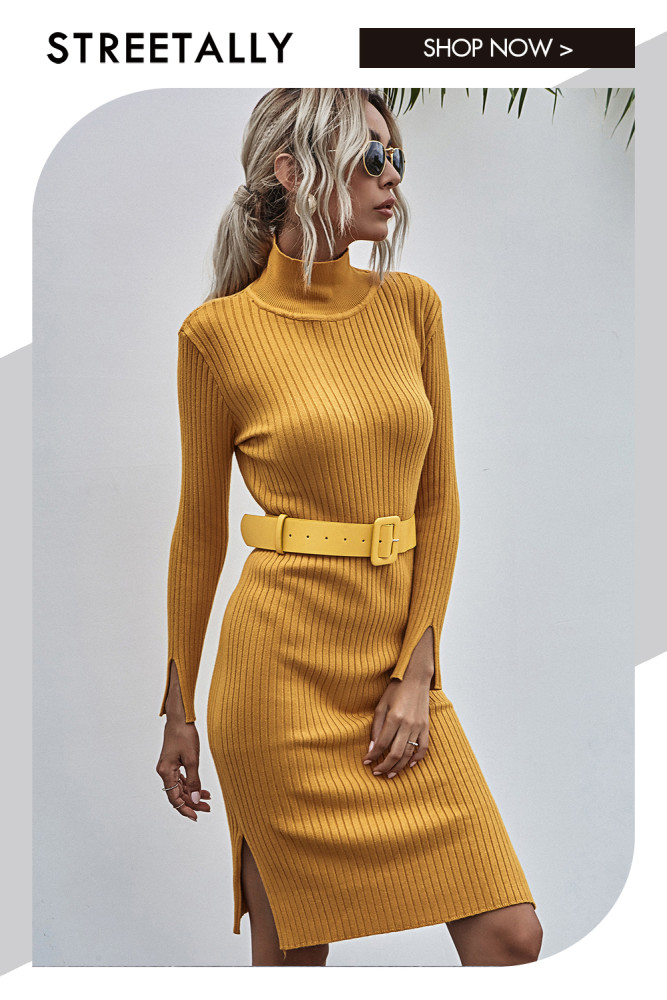 Solid Mid Length Turtleneck Solid Elegant Sweater Dresses